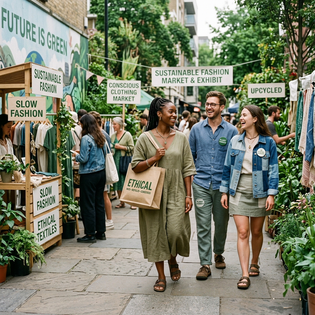 People shopping and walking at an outdoor sustainable fashion market with signs about ethical and slow fashion